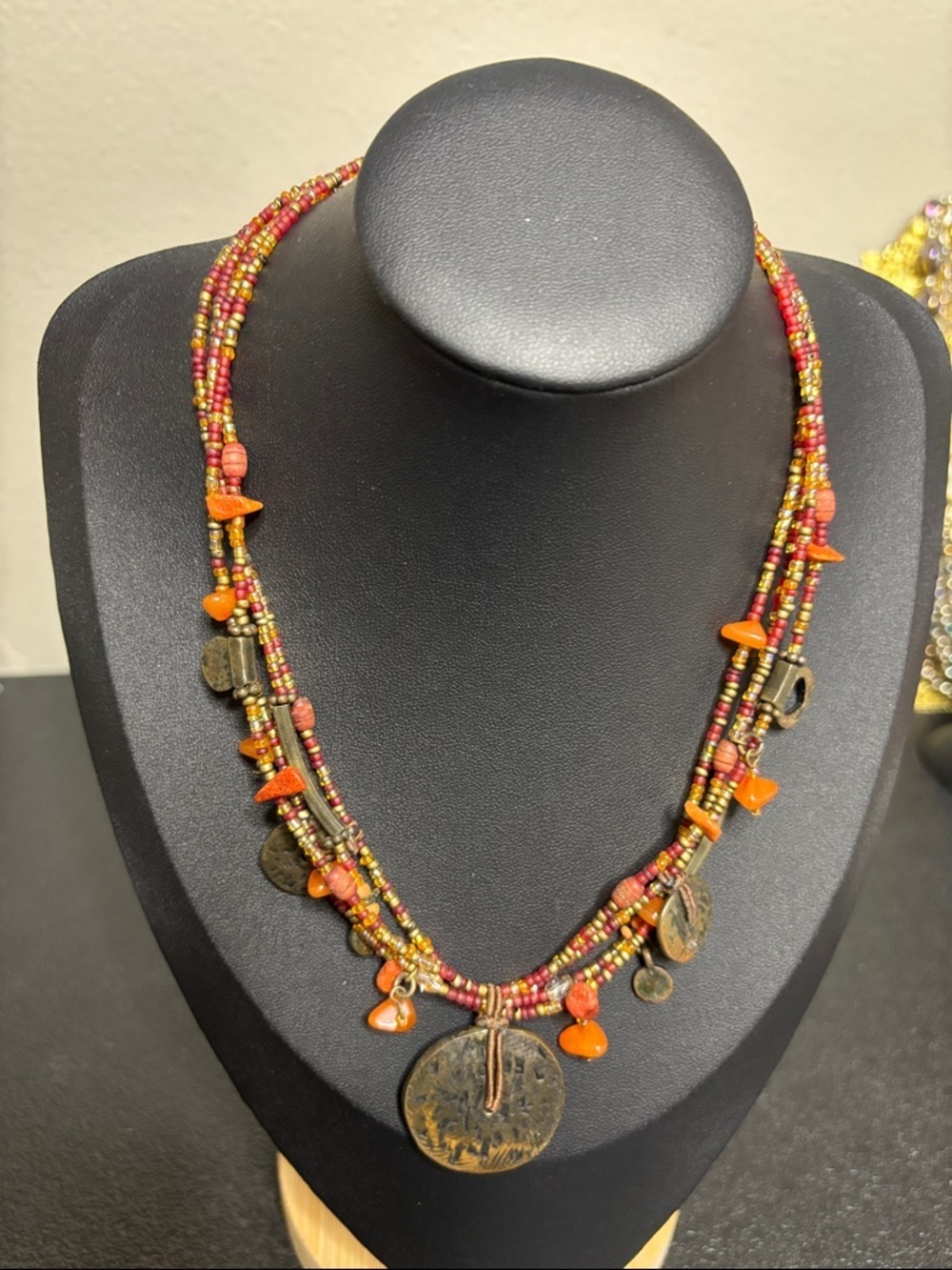 Vintage Beaded Charm Multi Strand Boho Orange Copper Necklace